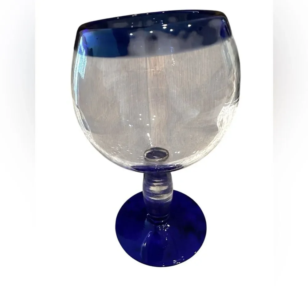 Mexican Handcrafted Cobalt Blue Rim Wine Glass Set of 6